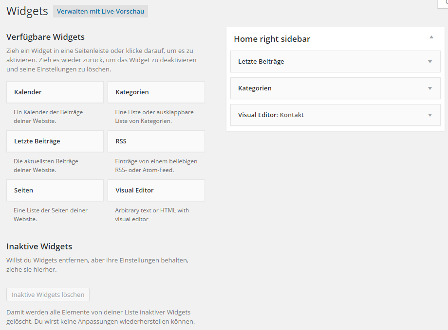 Widgetverwaltung im Backend